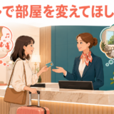 海外ホテルのフロントで部屋変更をお願いする旅行者