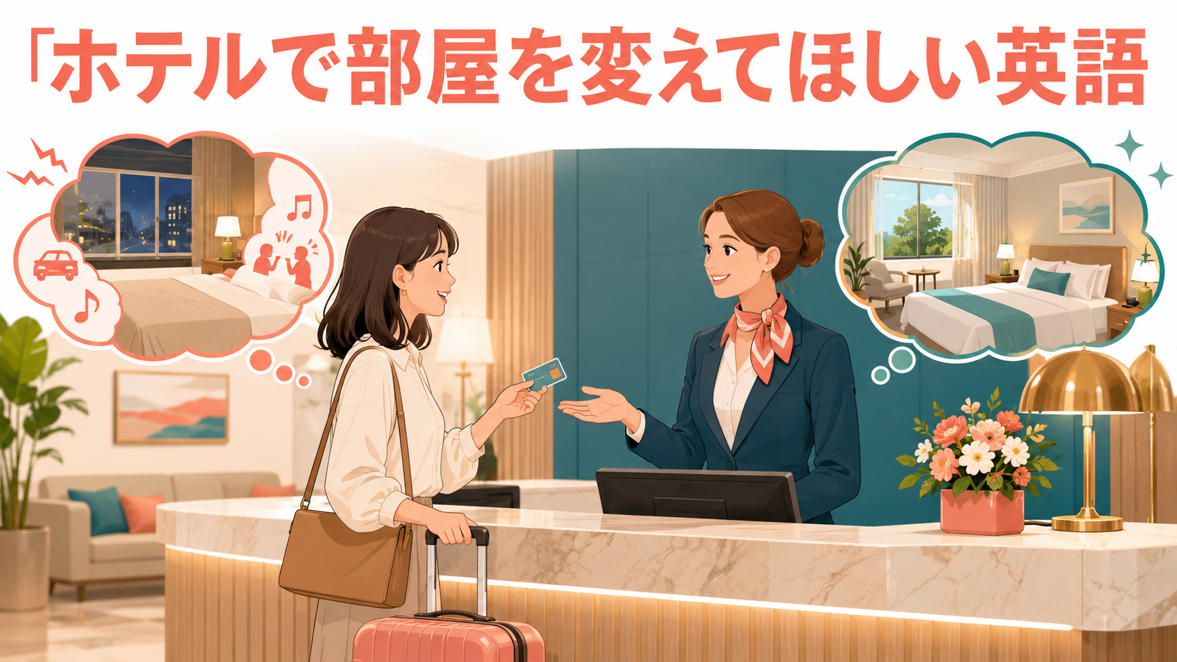 ホテルで部屋を変えてほしいときの英語｜騒音・におい・清掃不備を伝えるフレーズ