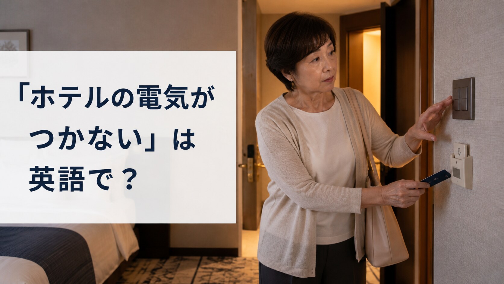 海外ホテルの部屋で電気がつかず、カードキー差込口とスイッチを確認する女性