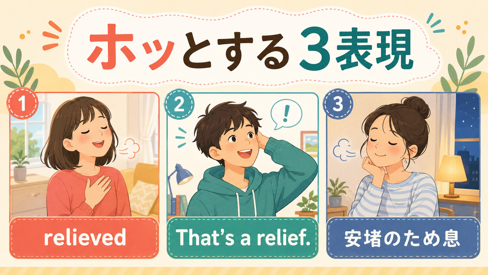 relieved、That’s a relief、安堵のため息でホッとするを表した図