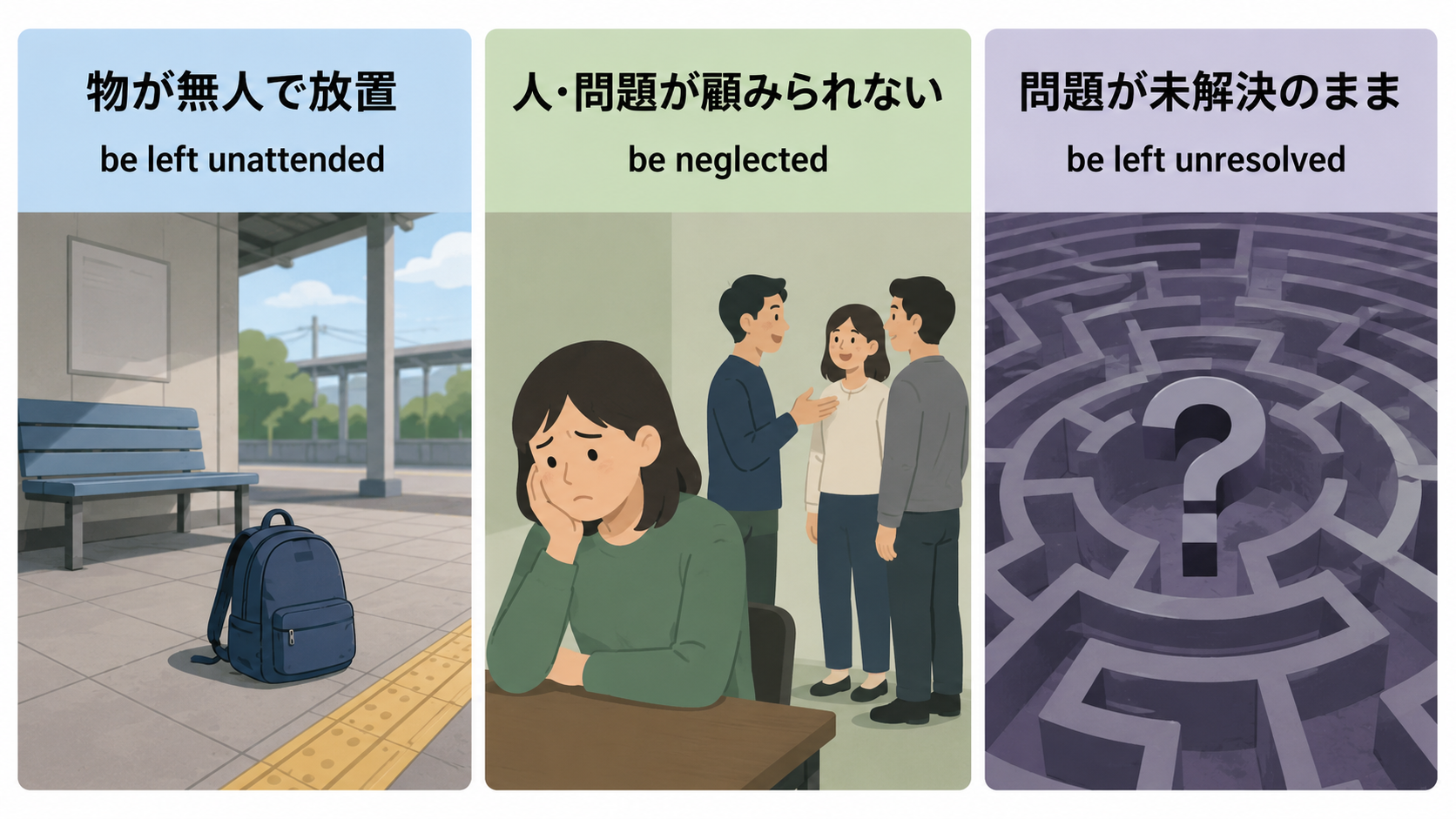 be left unattended・be neglected・be left unresolvedで表す「放置される」の違い