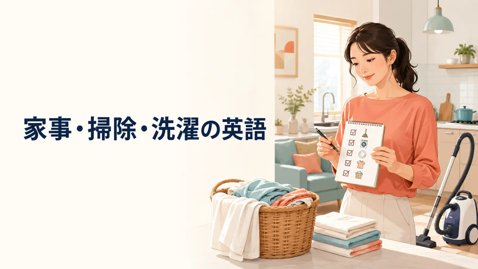 家事・掃除・洗濯で使う英語を紹介する記事のアイキャッチ