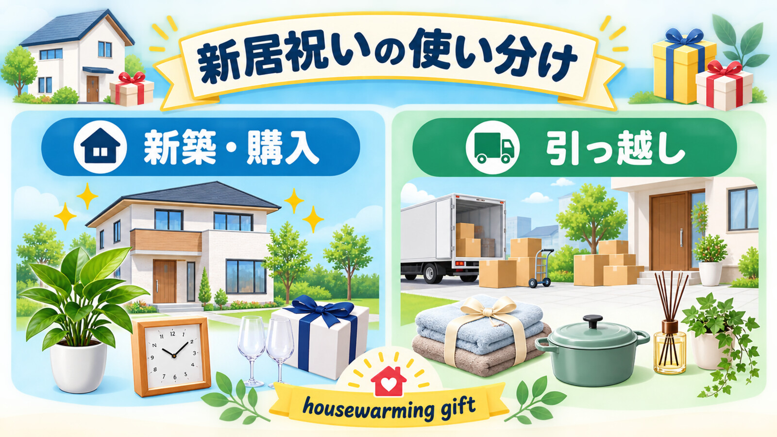 新築祝い・引っ越し祝いの意味・流れ・英語での説明を示す図解