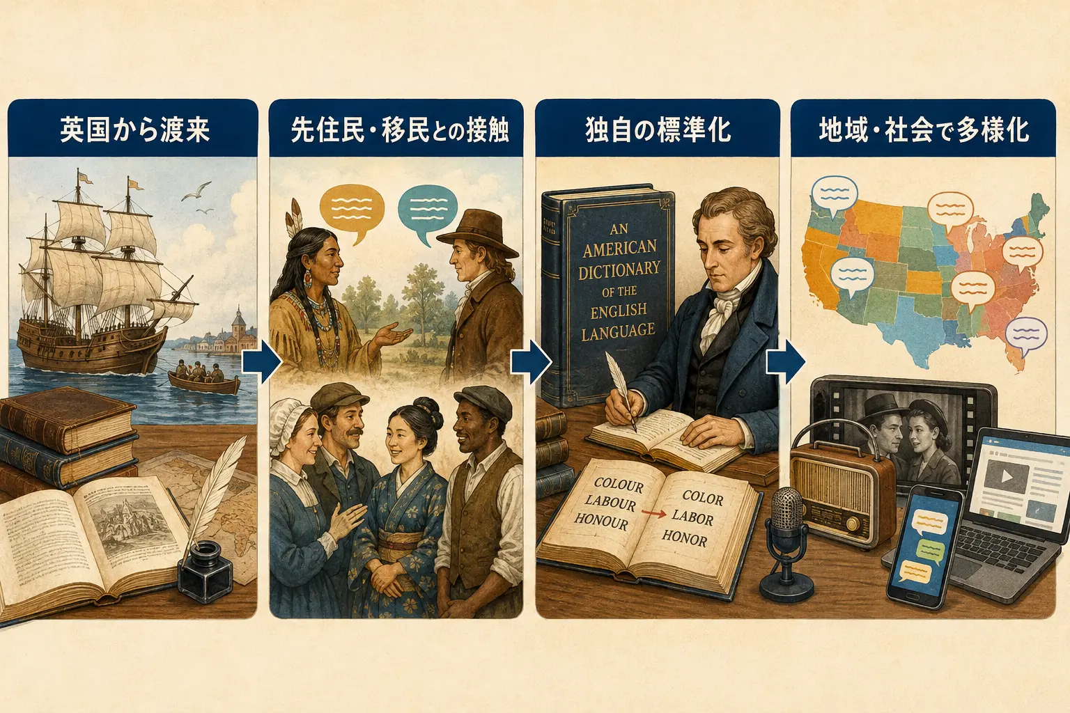英国から渡来した英語が移民や地域社会を通じてアメリカ英語へ発展した流れ
