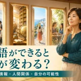 英語によって仕事・情報・旅行・人間関係の扉が広がる様子