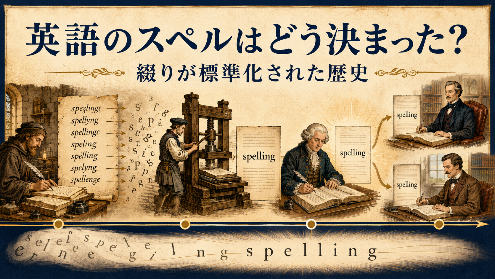 英語のスペルが写本・印刷・辞書を通じて標準化された歴史を表すイラスト