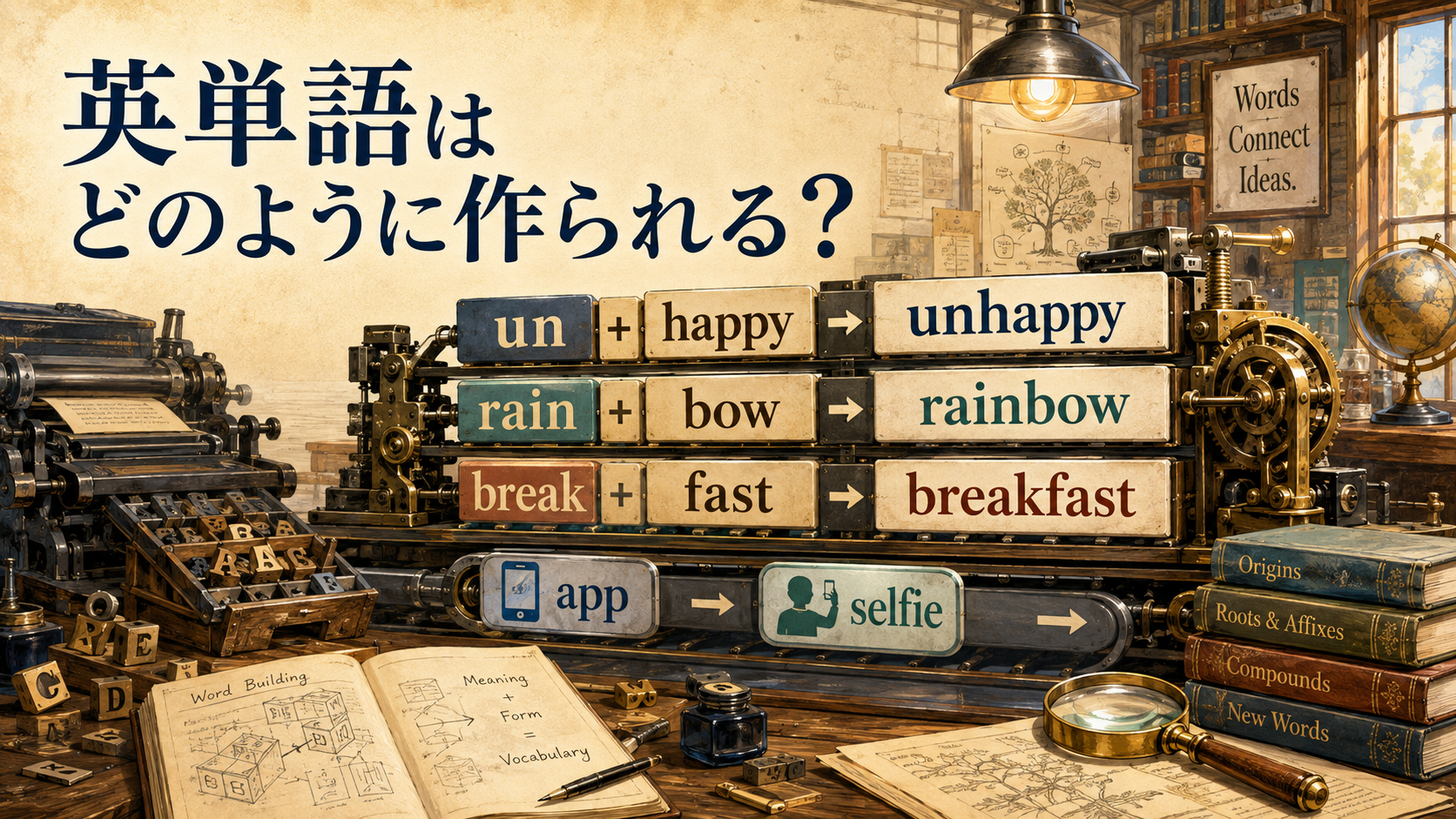 英単語が接辞や複合によって作られる仕組みを表したイラスト