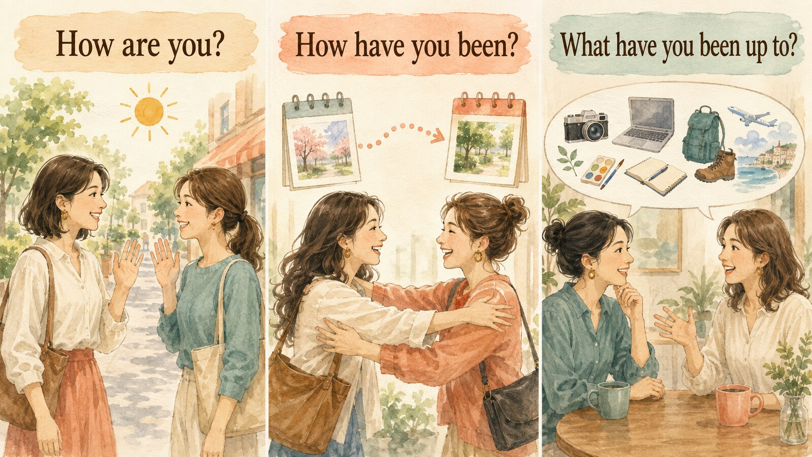 How are you・How have you been・What have you been up toの違いを示すイラスト