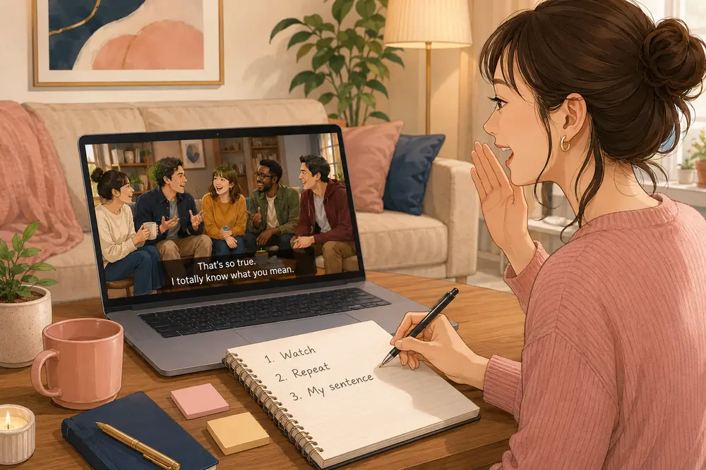 海外ドラマを見て英語字幕・音読・自分の例文で学習する女性