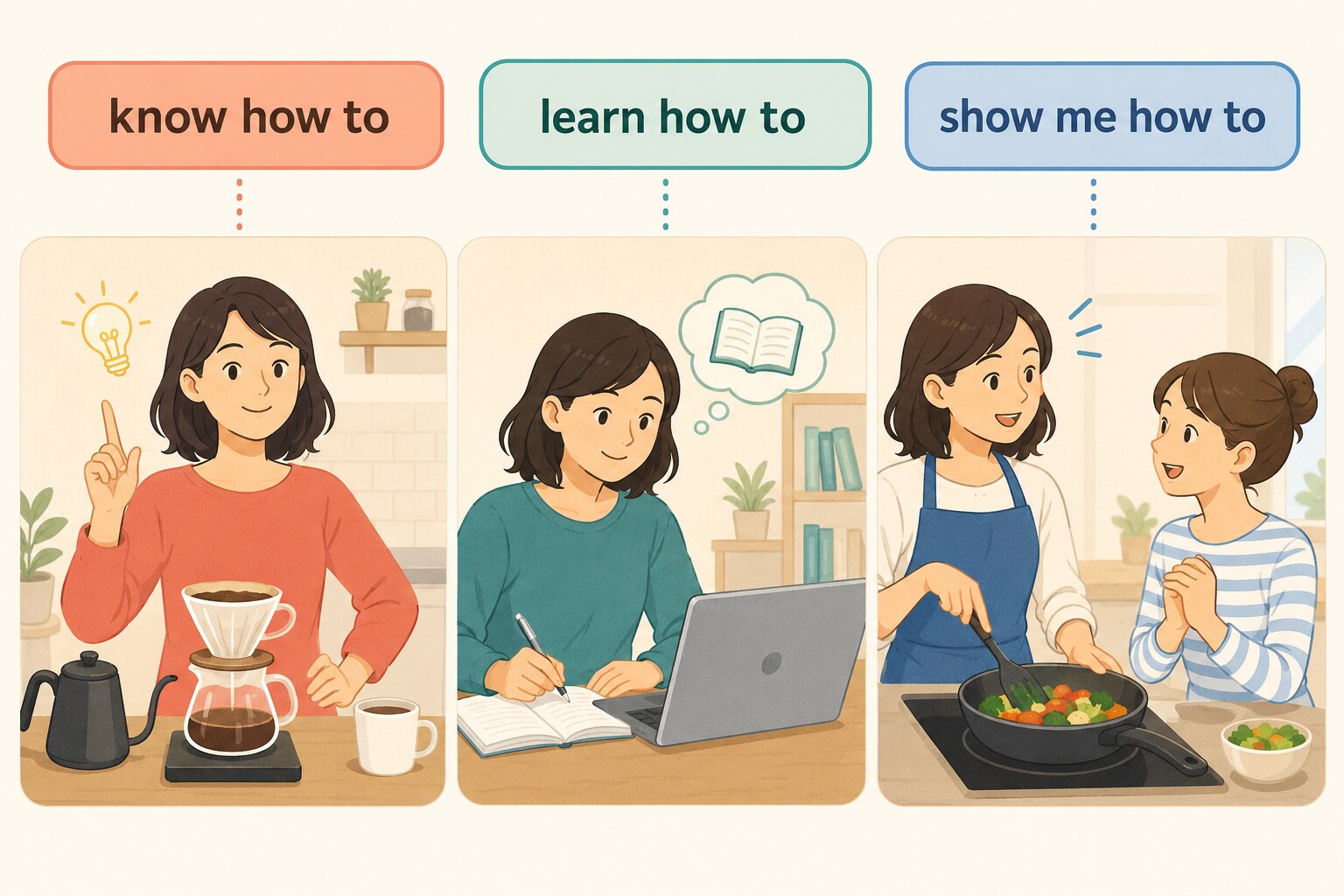 know how to、learn how to、show me how toの使い方を示すイラスト