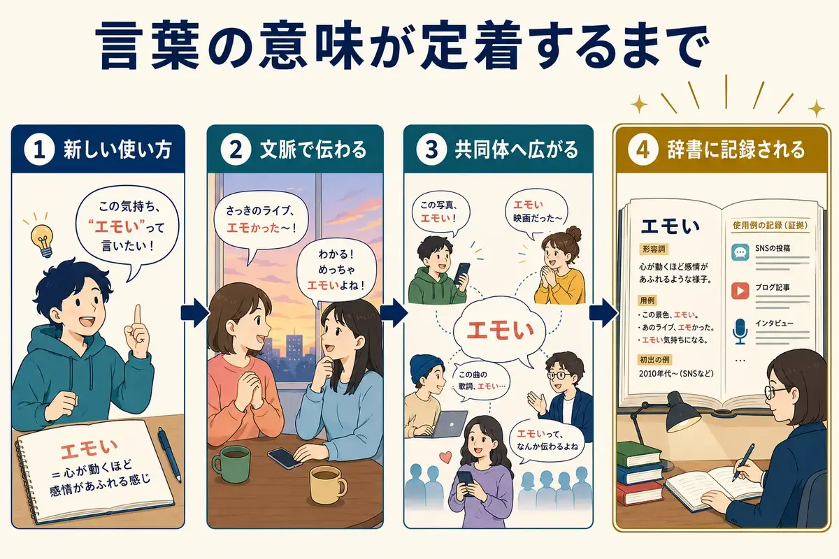 新しい使い方が文脈で伝わり共同体へ広がって辞書に記録される流れ