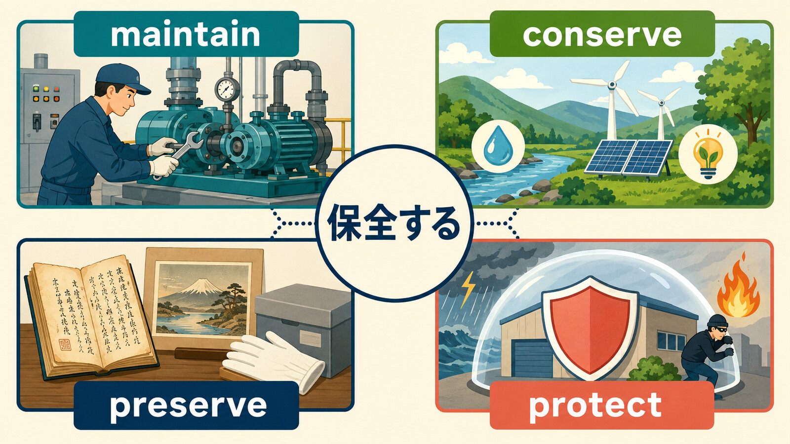保全するをmaintain・conserve・preserve・protectに分けた図
