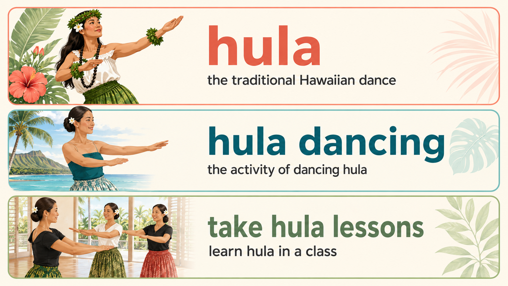 hula・hula dancing・take hula lessonsの使い分け