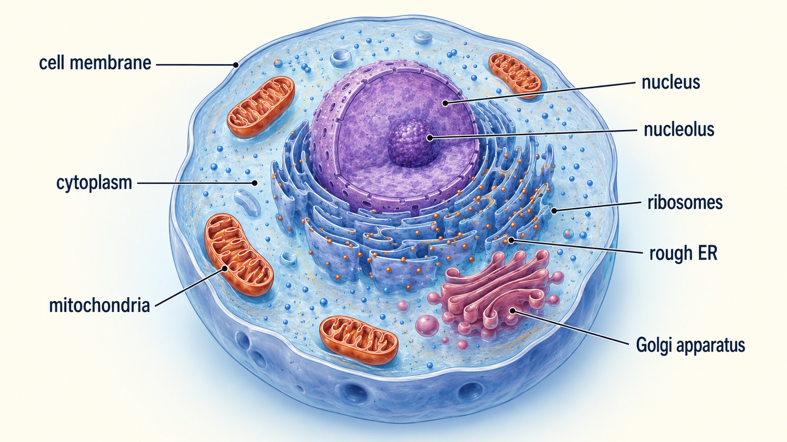 人体の細胞の構造をcell membrane・cytoplasm・nucleus・nucleolus・mitochondria・ribosomes・rough ER・Golgi apparatusで示した英語図解