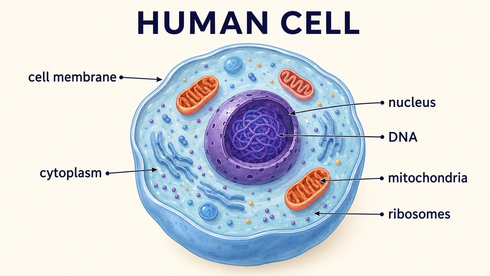 人体の細胞の構造｜cell membrane・cytoplasm・nucleus・DNA・mitochondriaの英語図解