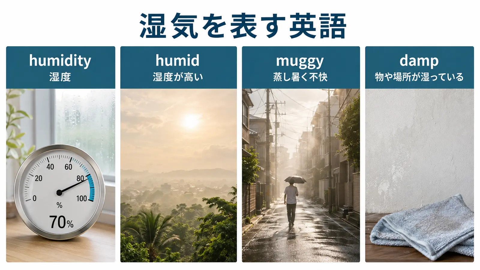 humidity・humid・muggy・dampの違いを比較した図
