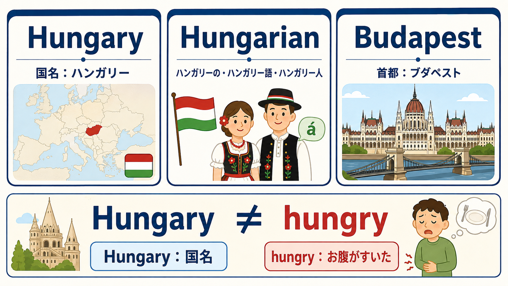 Hungaryは国名、Hungarianは形容詞・言語・人、Budapestは首都、hungryは空腹を示す図解