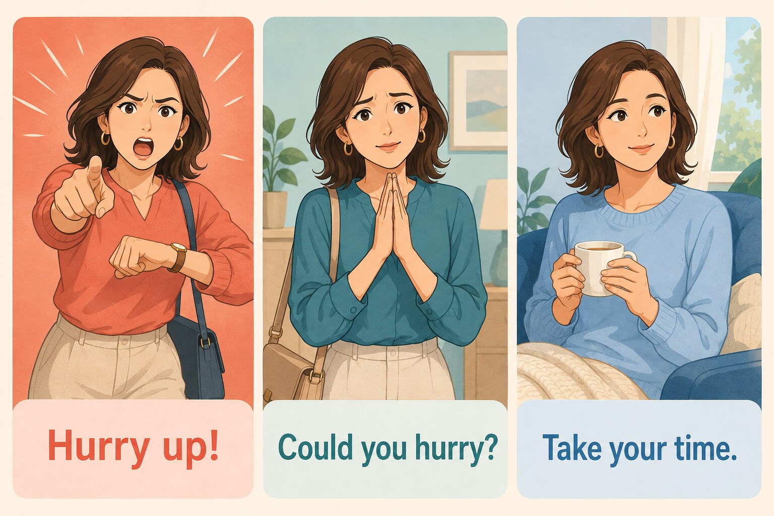 Hurry up、Could you hurry、Take your timeの強さを比較するイラスト