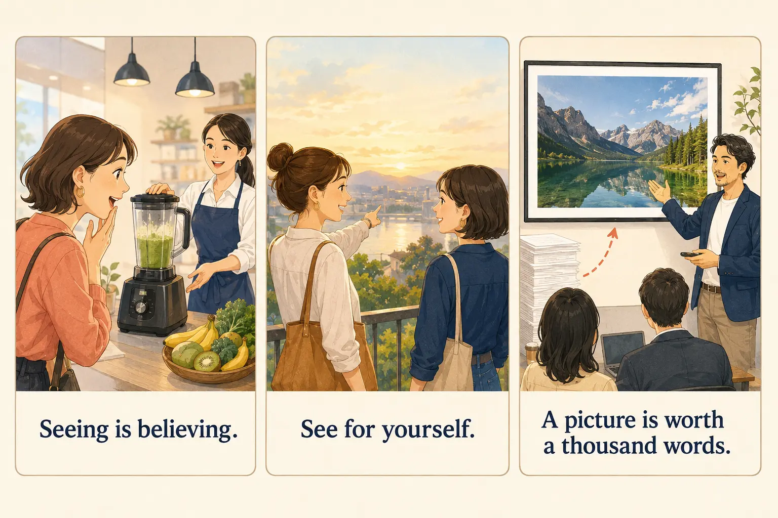 Seeing is believing、See for yourself、A picture is worth a thousand wordsの使い分け