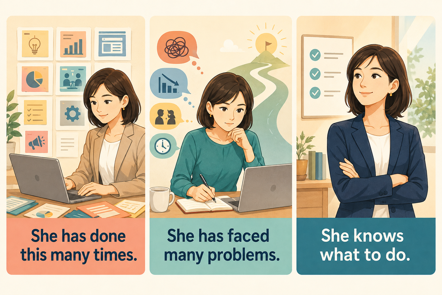 百戦錬磨をShe has done this many timesなど3つの簡単な英語で説明するイラスト