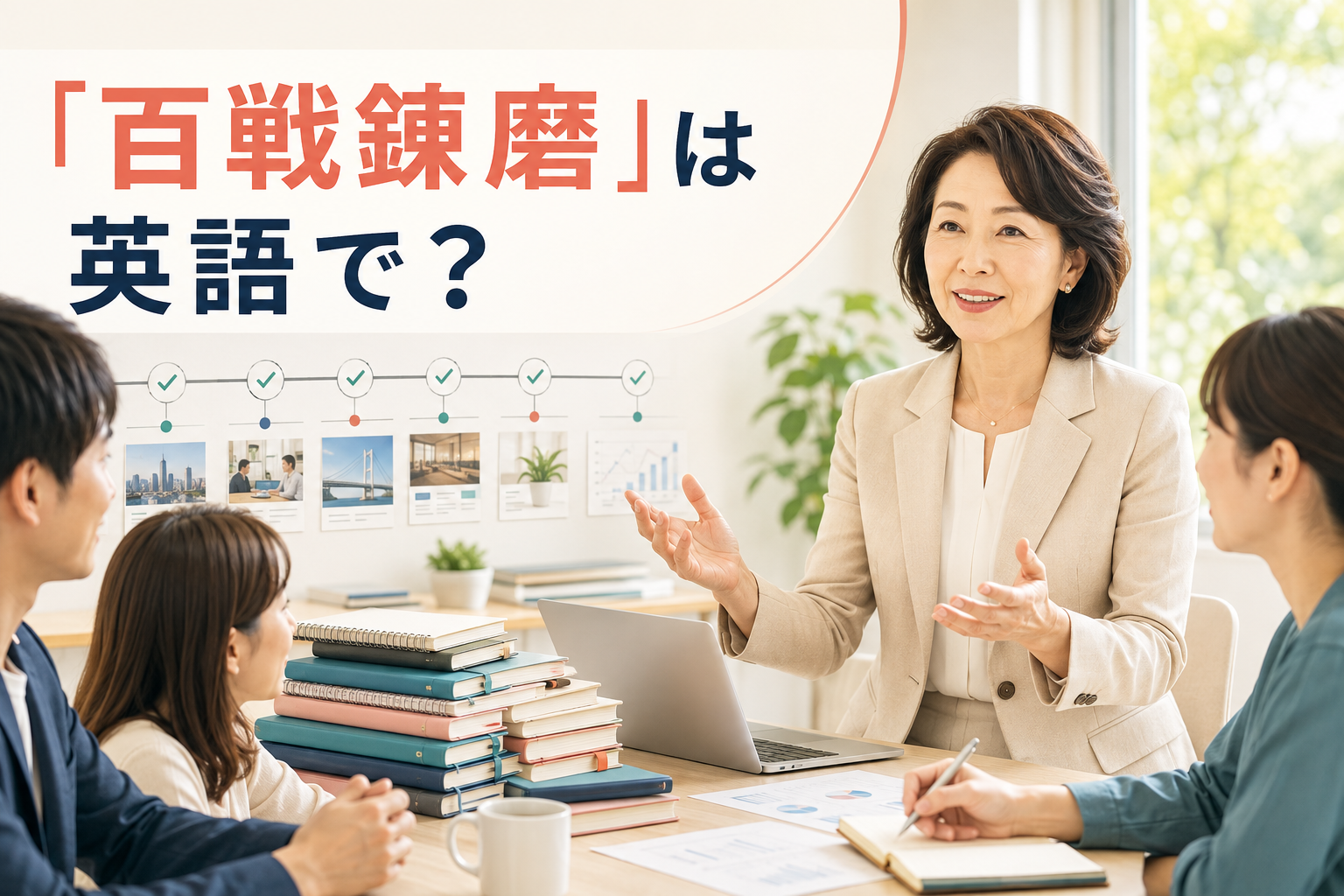 「百戦錬磨」は英語で?と経験豊富な女性が会議を進めるイラスト