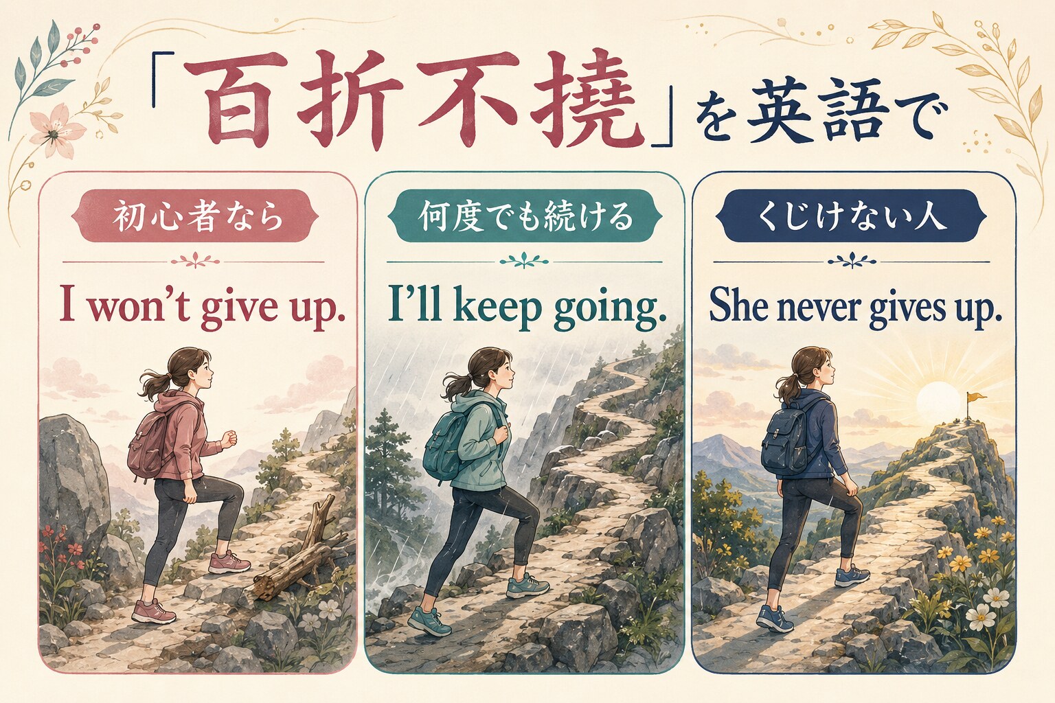 百折不撓を表す I won’t give up.、I’ll keep going.、She never gives up. の比較