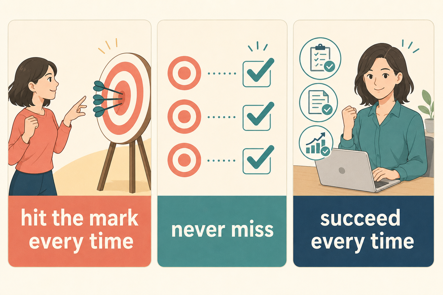 百発百中を表すhit the mark every time・never miss・succeed every timeのイラスト