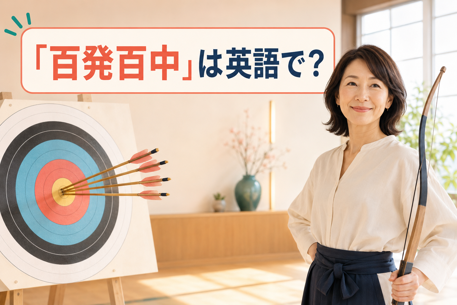 「百発百中」は英語で?と中央の的に矢を当てた女性のイラスト