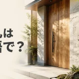 現代的な住宅玄関の表札と「表札は英語で？」の文字