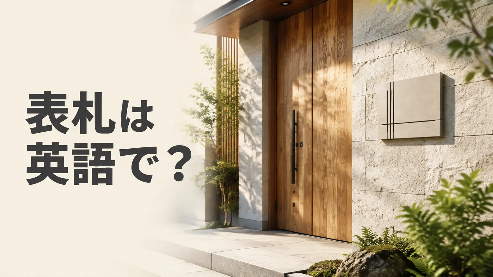 現代的な住宅玄関の表札と「表札は英語で？」の文字