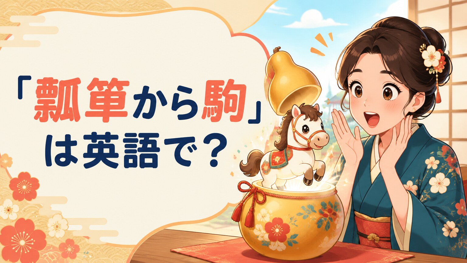 瓢箪から馬が飛び出して女性が驚くイラスト