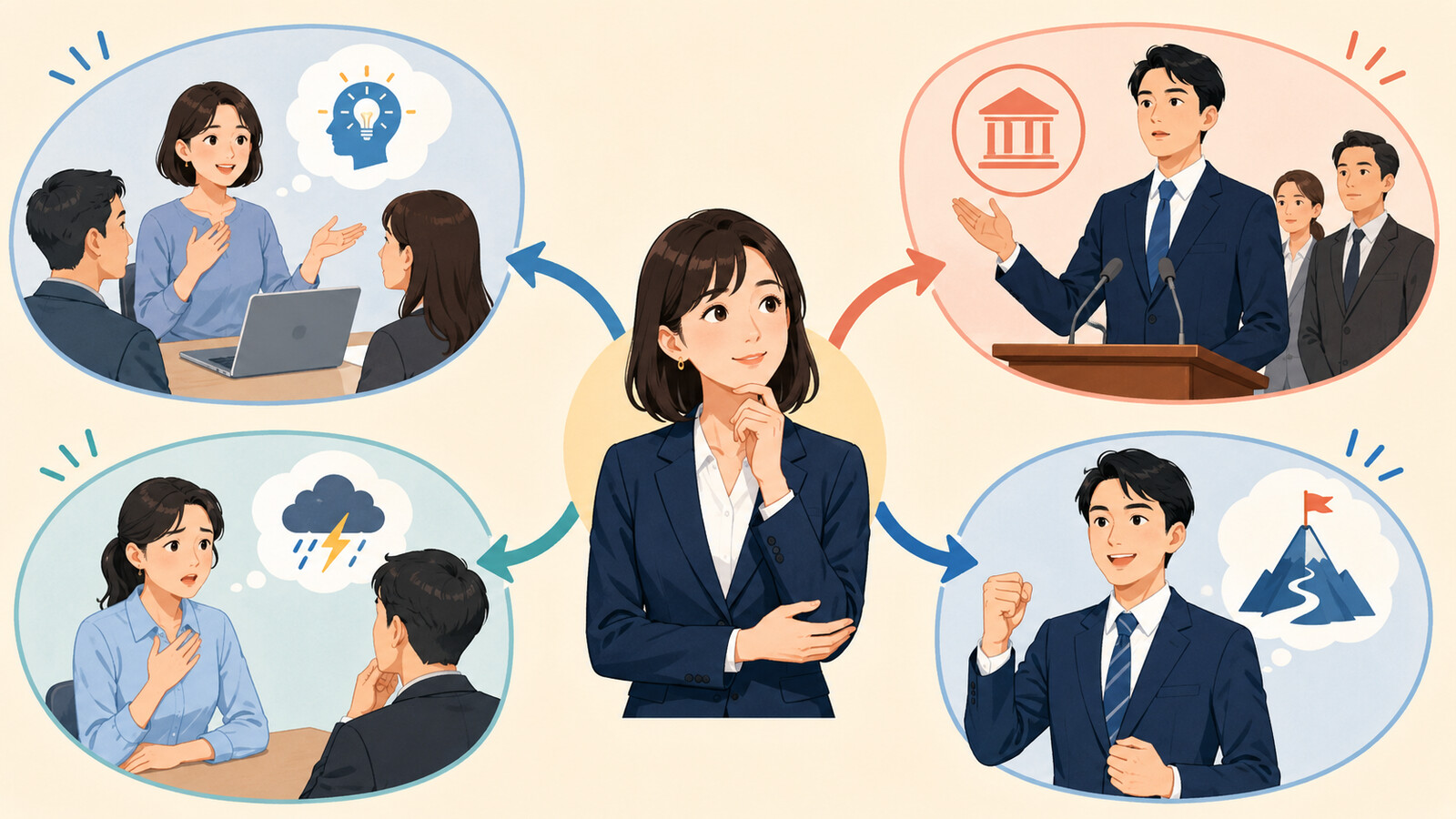 意見・立場・懸念・意思を表明する英語の使い分けイラスト