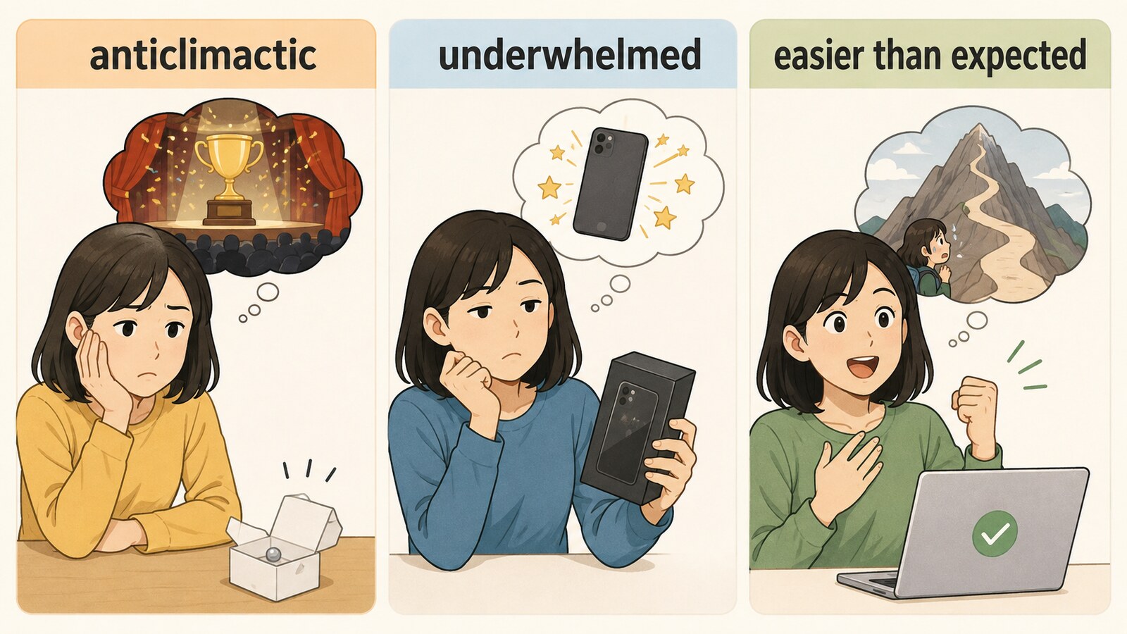 anticlimactic、underwhelmed、easier than expectedの違いを表す3場面のイラスト