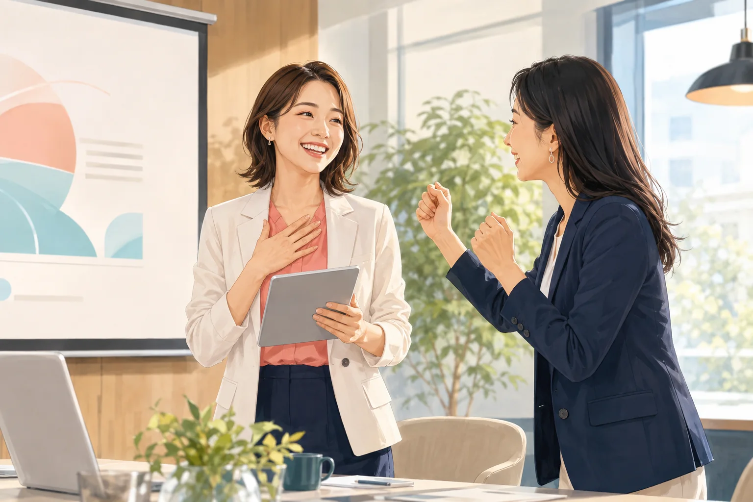 プレゼンを成功させ同僚から祝福される女性のイラスト