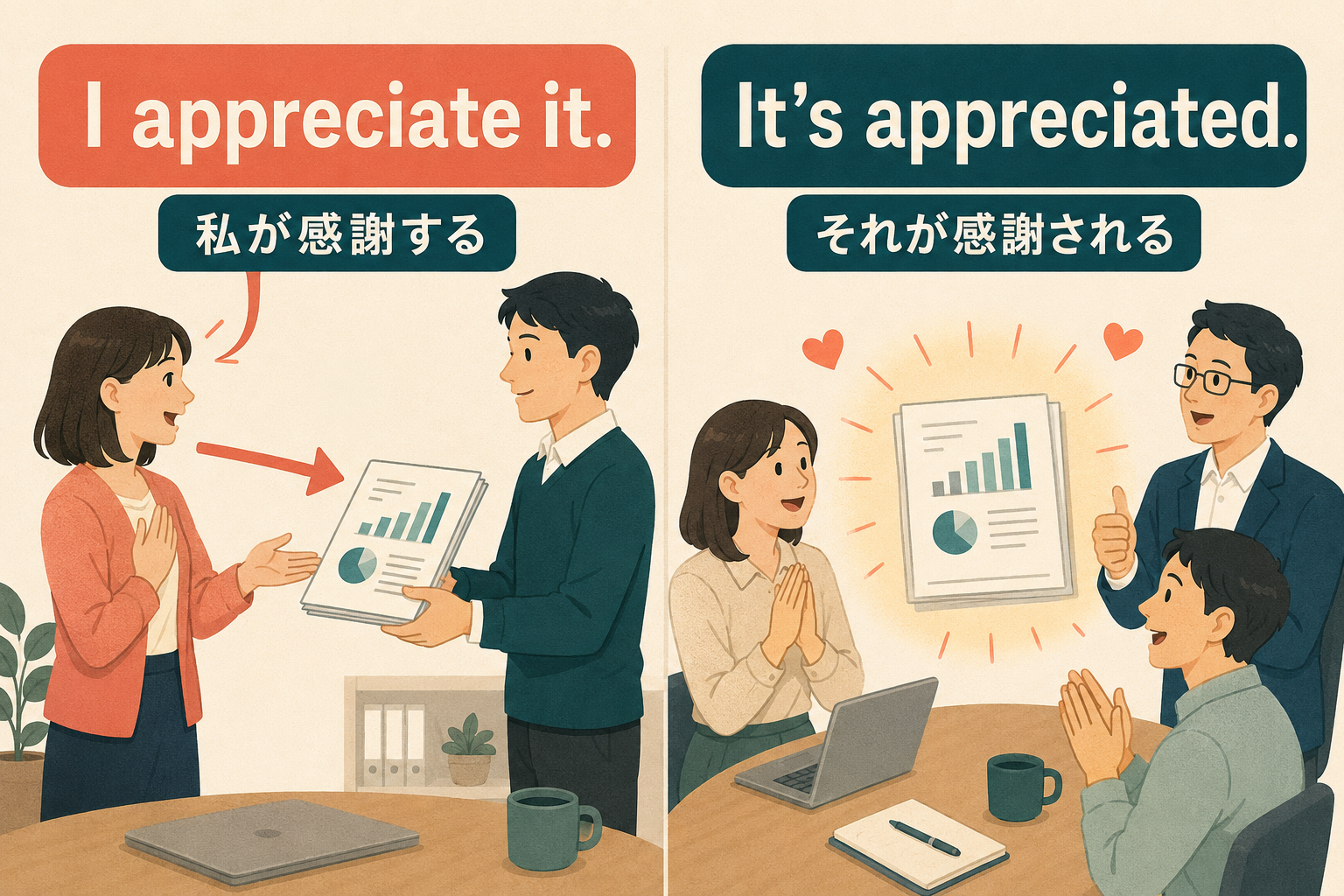 I appreciate itとIt’s appreciatedの主語と視点の違い