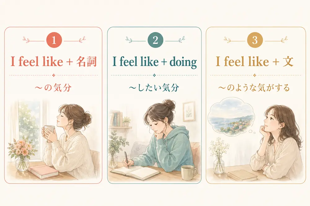 I feel likeの後ろに名詞・doing・文を置く3つの使い方