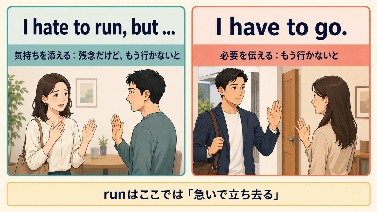 I hate to run, but ...とI have to go.のニュアンス比較