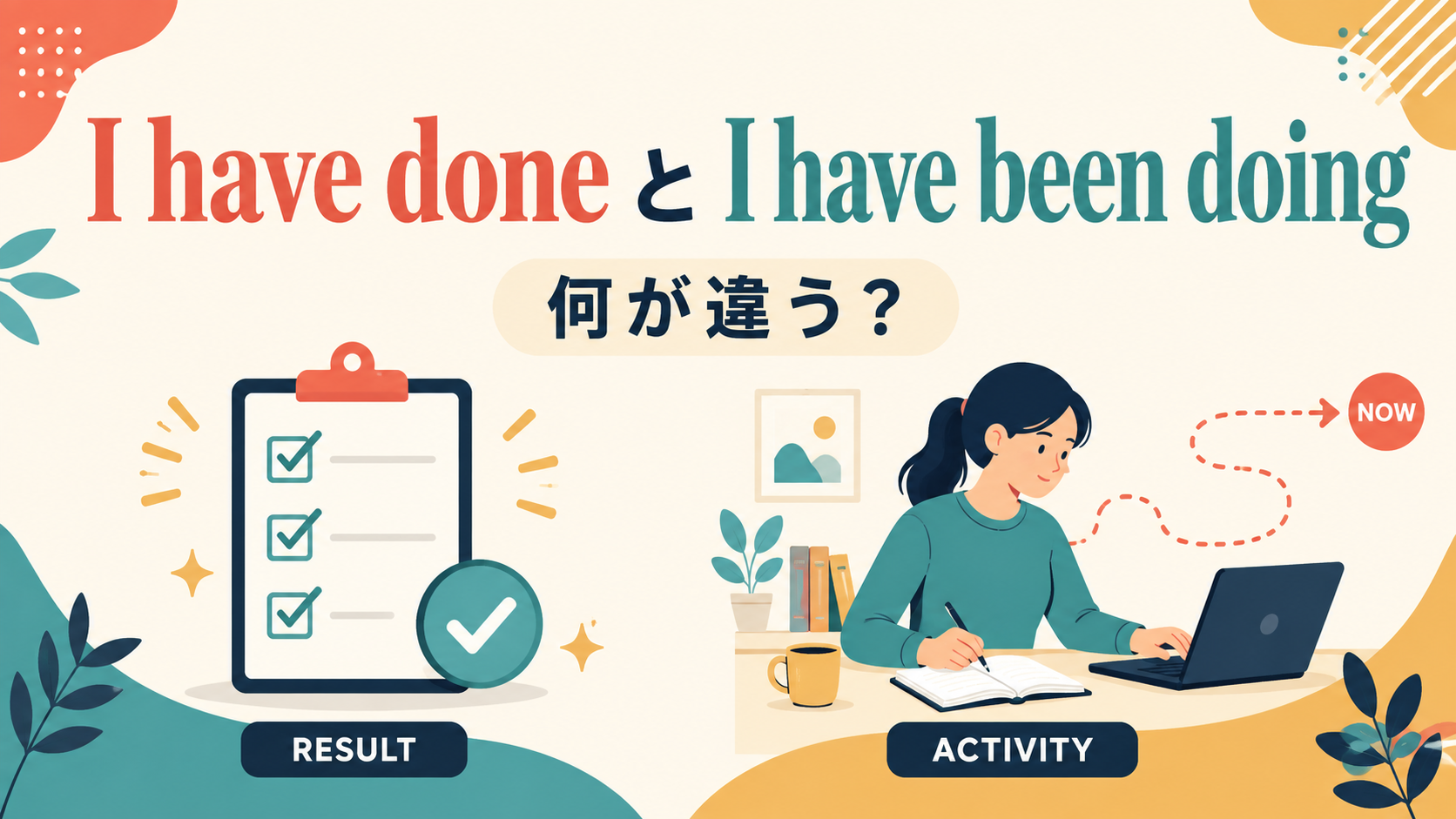 I have doneとI have been doingの違いを、結果と続いてきた活動で表したアイキャッチ