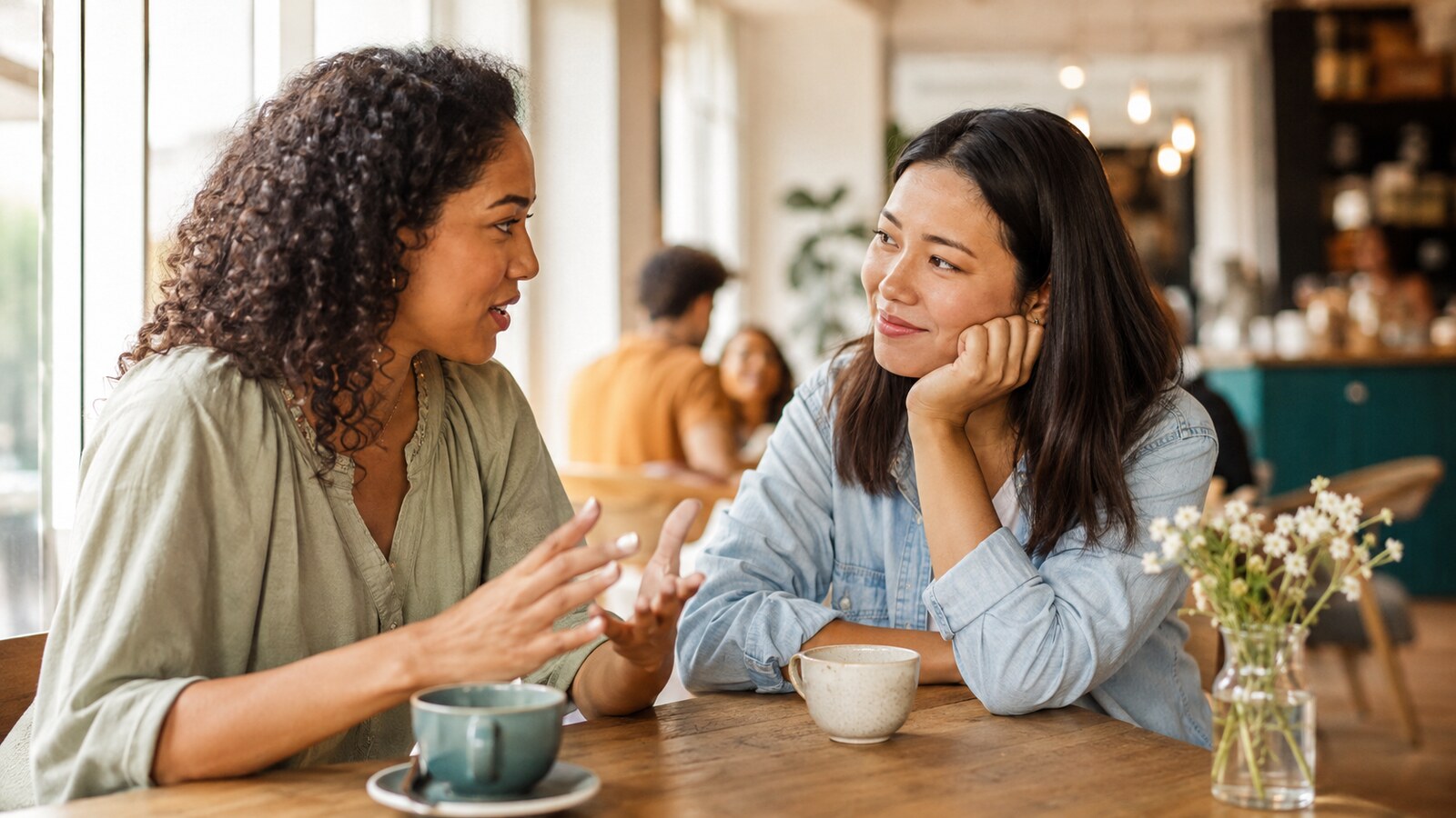 カフェで友人の話に共感しながら耳を傾ける女性