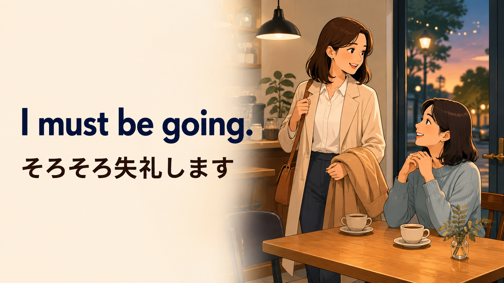 I must be going.「そろそろ失礼します」の場面を表すイラスト