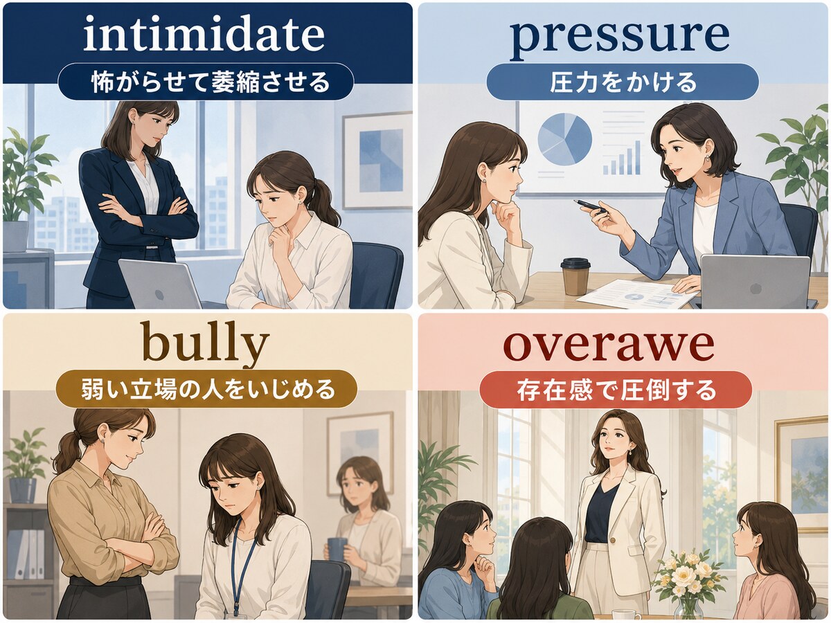 intimidate・pressure・bully・overaweの違い