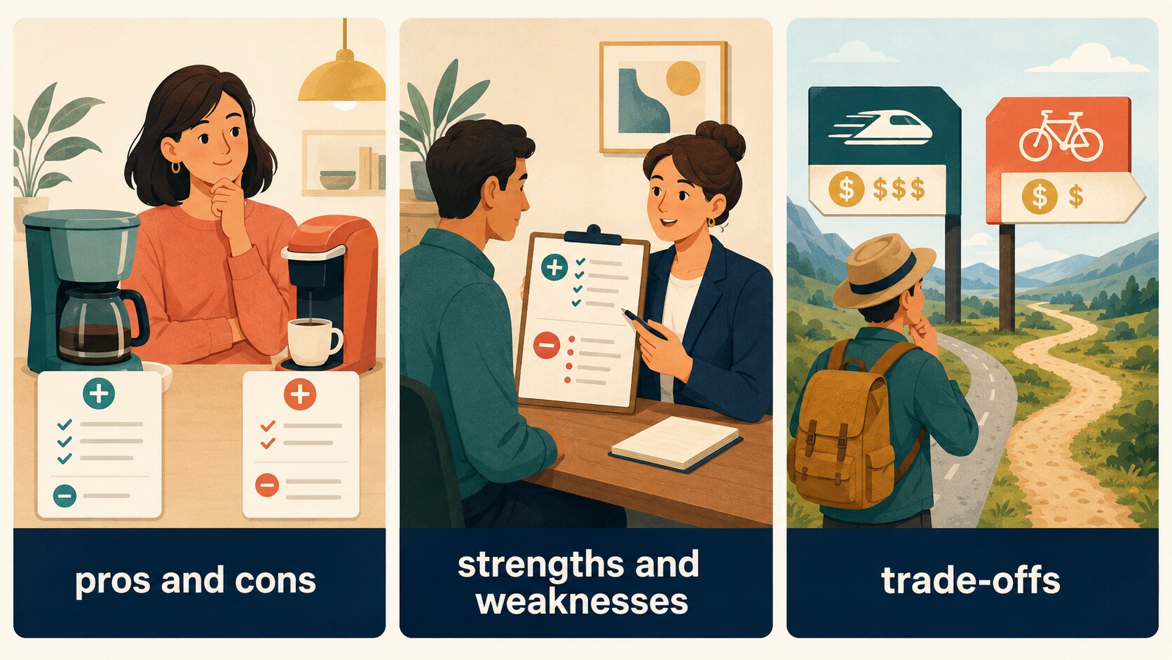 一長一短を pros and cons、strengths and weaknesses、trade-offs で表す場面別イラスト
