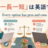 「一長一短」は英語で？ Every option has pros and cons. と書かれたアイキャッチイラスト