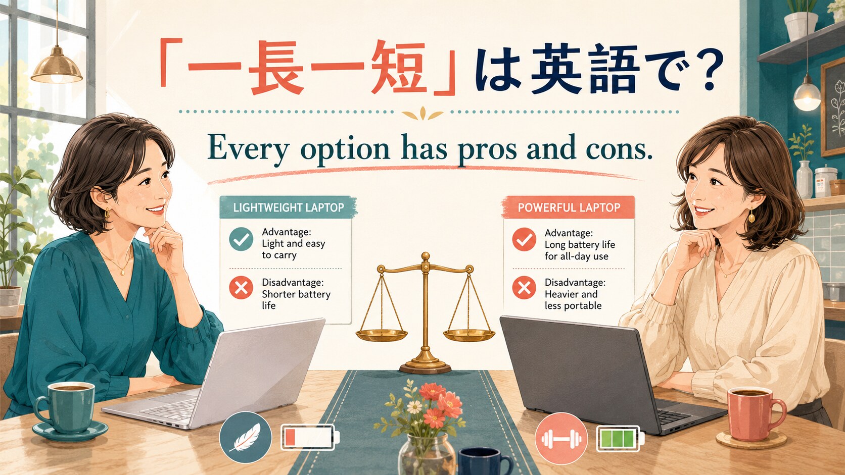 「一長一短」は英語で？ Every option has pros and cons. と書かれたアイキャッチイラスト