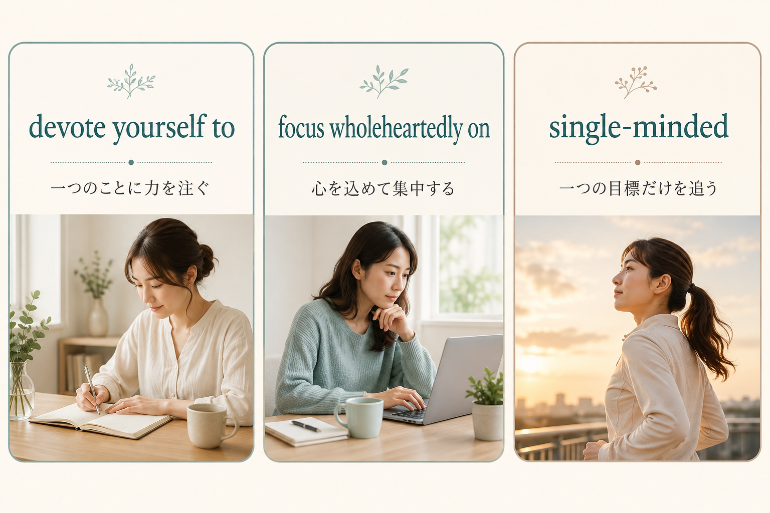 devote yourself to・focus wholeheartedly on・single-mindedの違い