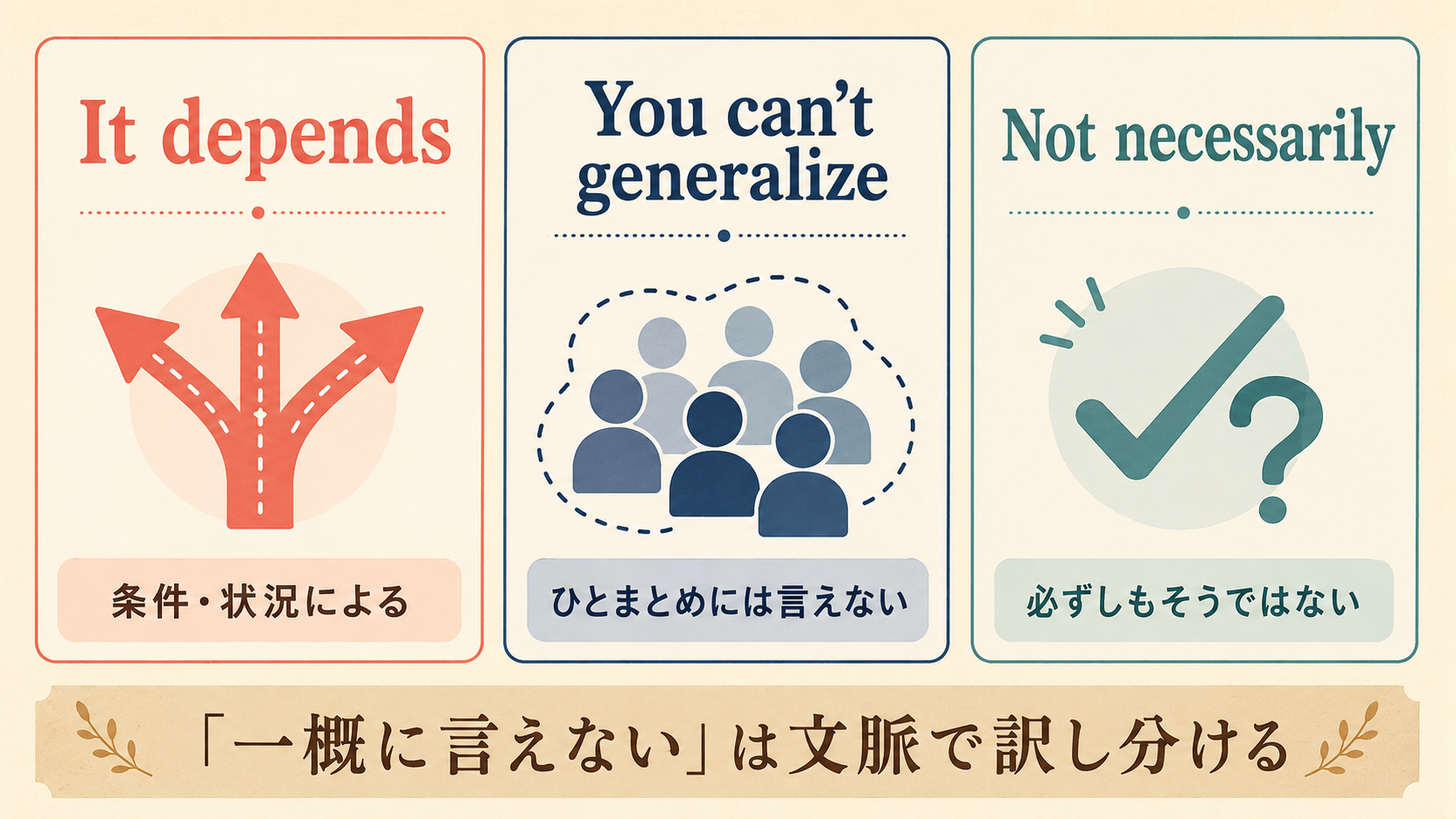 It depends・You can’t generalize・Not necessarilyの違い