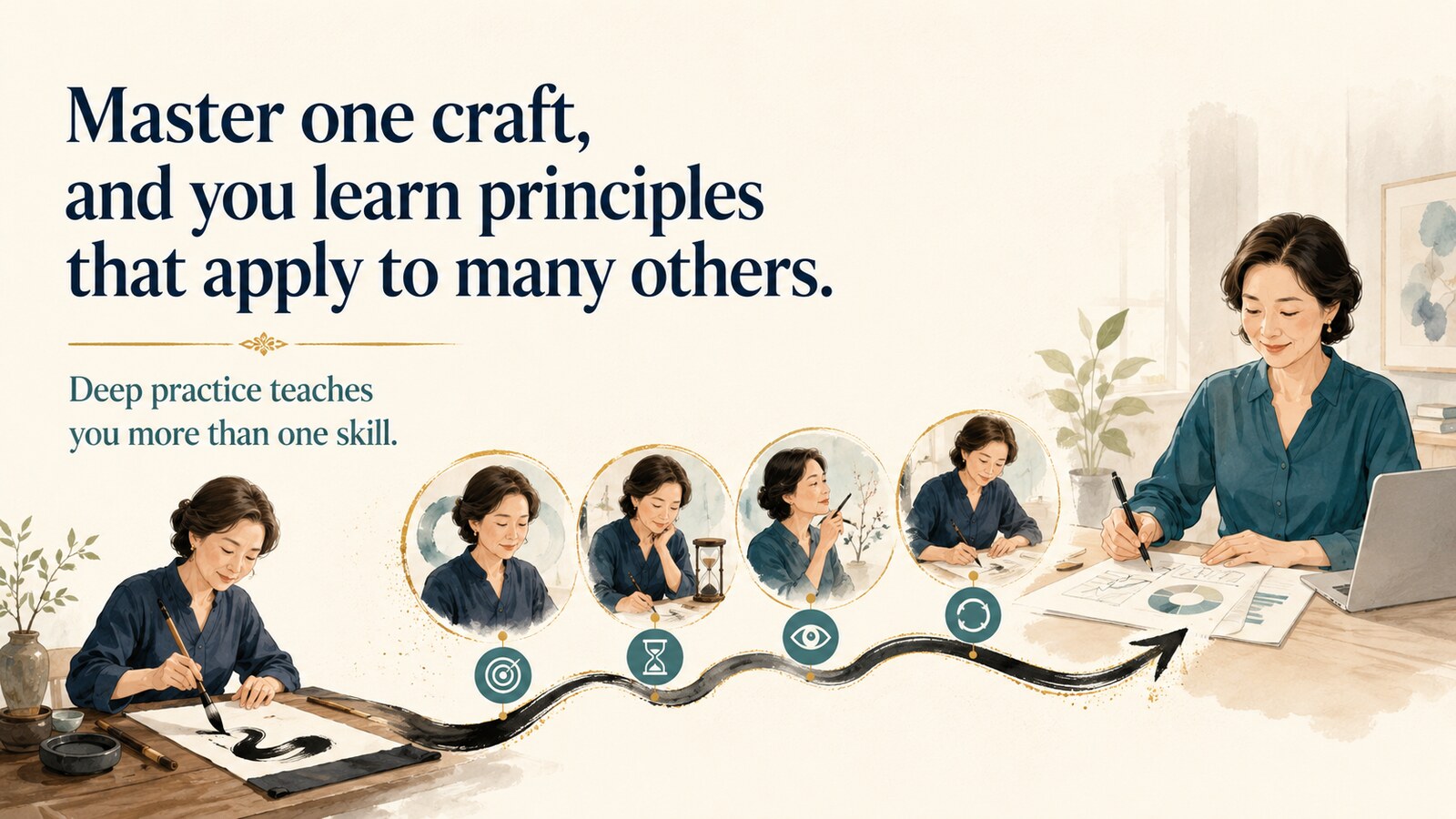 Master one craftから他分野へ原理を応用する流れを示したイラスト