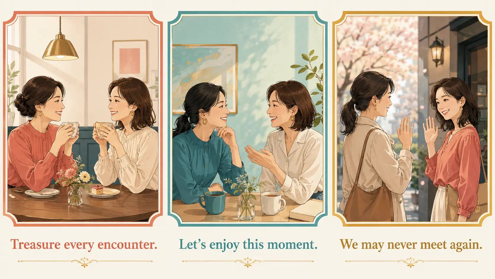 Treasure every encounter、Let’s enjoy this moment、We may never meet againの使い分け