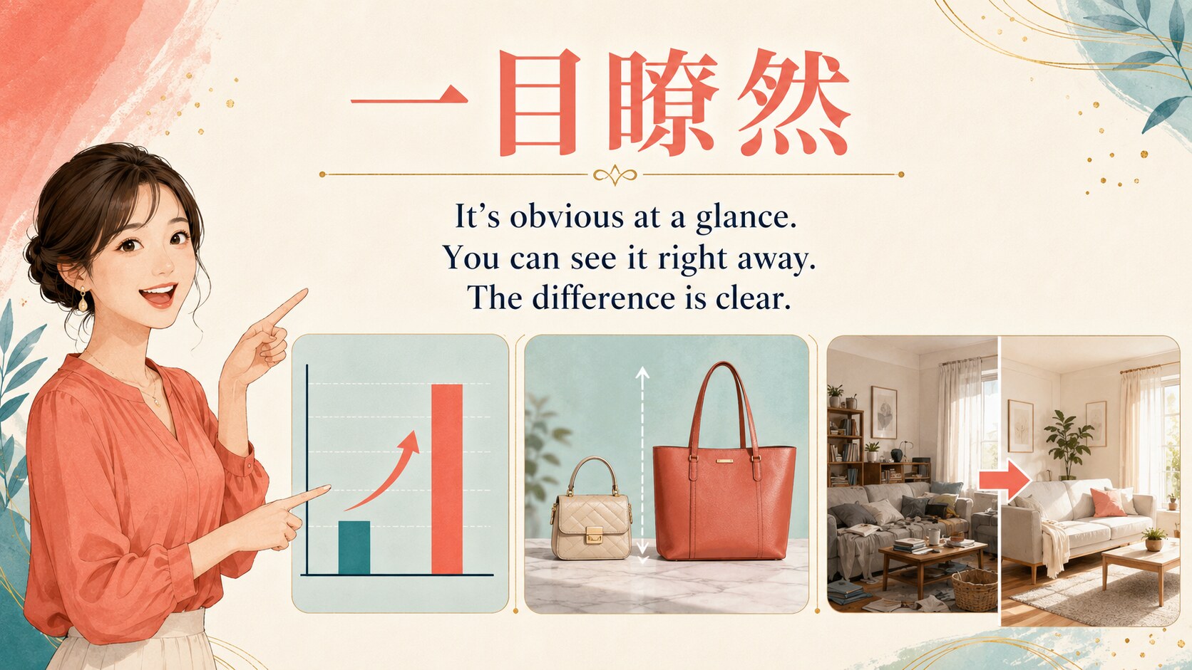 一目瞭然を It’s obvious at a glance、You can see it right away、The difference is clear で説明するイラスト