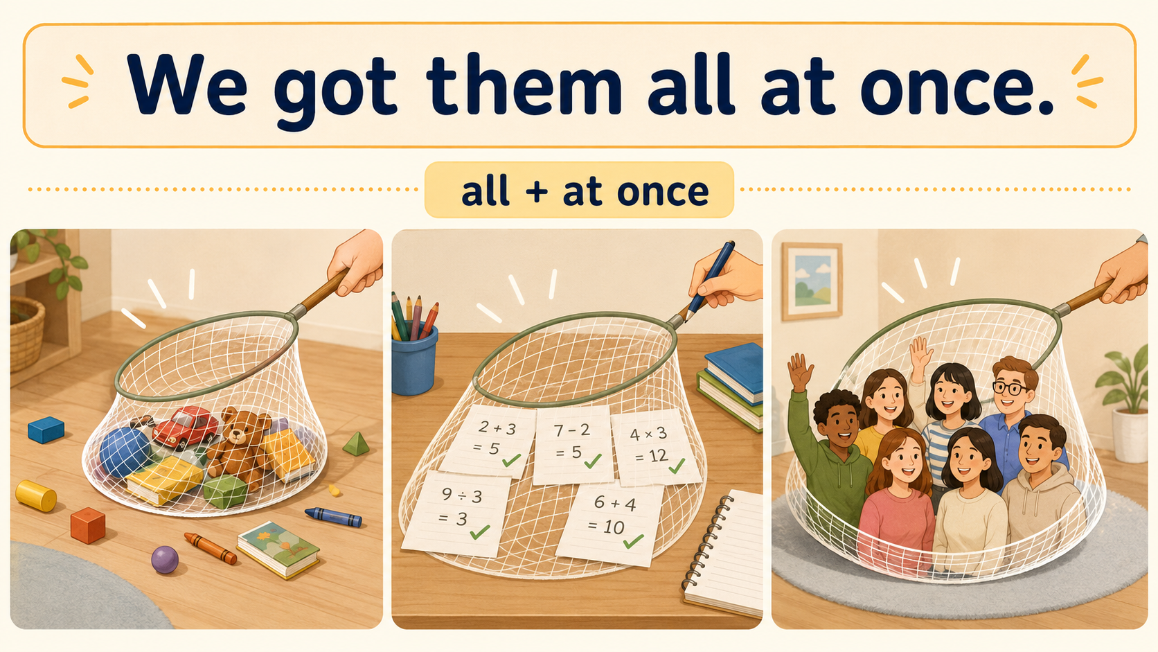 一網打尽をWe got them all at onceで表す初心者向けイラスト